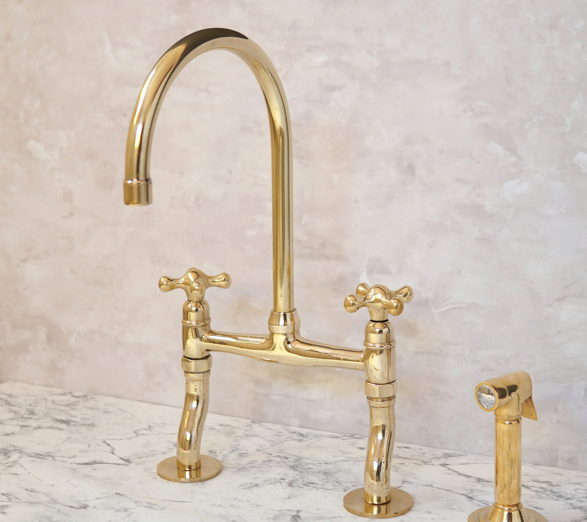 Antique Brass Bridge Kitchen Faucet With Curved Legs - Brass Kitchen Tap