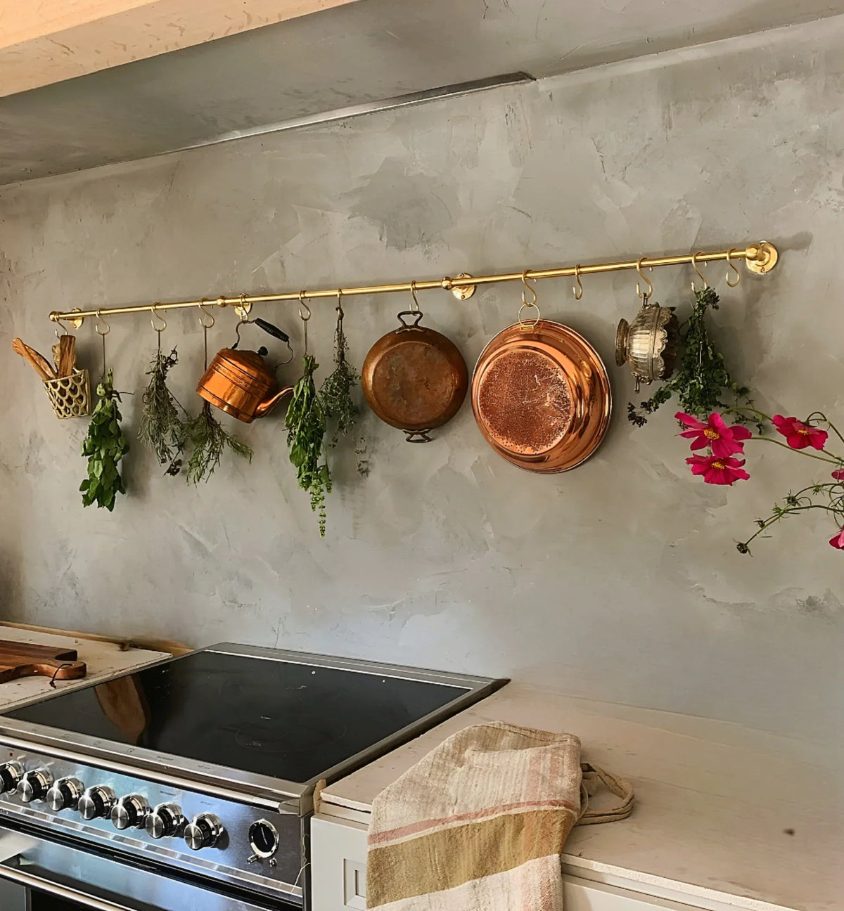 Unlacquered Brass Wall Mount Pot Rail Bar With Hooks, Brass Pot Rack