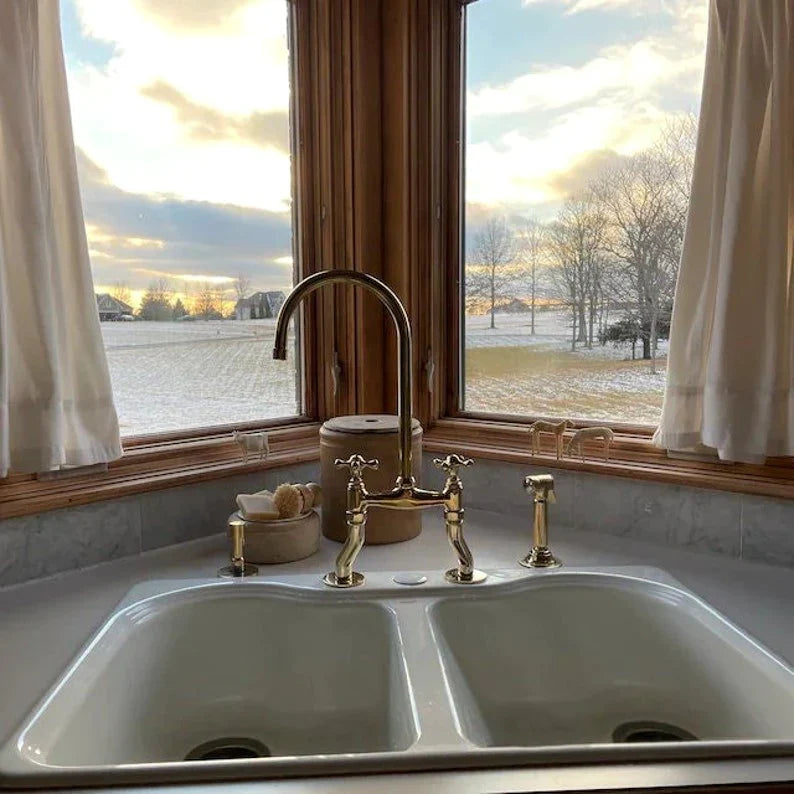 Antique Brass Bridge Kitchen Faucet With Curved Legs - Brass Kitchen Tap