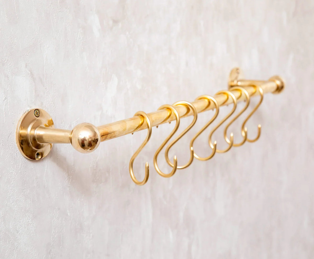 Unlacquered Brass Wall Mount Pot Rail Bar With Hooks, Brass Pot Rack