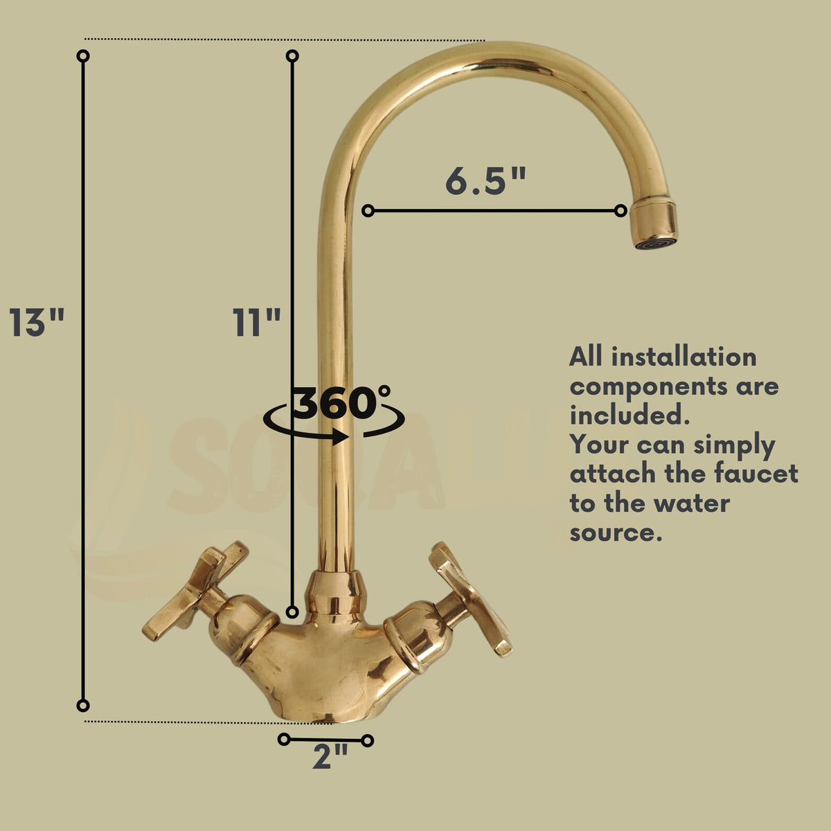 Unlacquered Solid brass kitchen faucet.