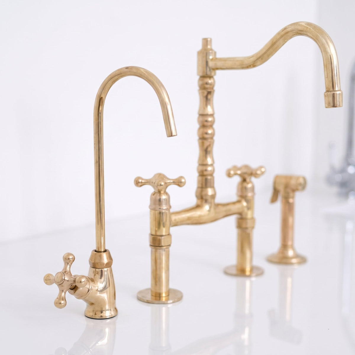 Unlacquered Solid Brass Bridge Kitchen Faucet - Vintage Classic Kitchen Sink Tap