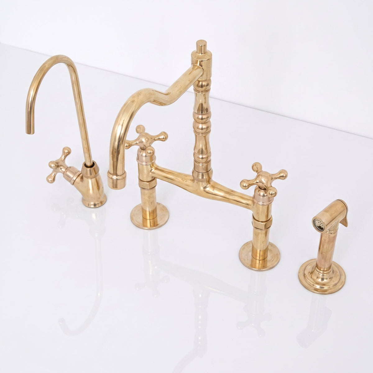 Unlacquered Solid Brass Bridge Kitchen Faucet - Vintage Classic Kitchen Sink Tap