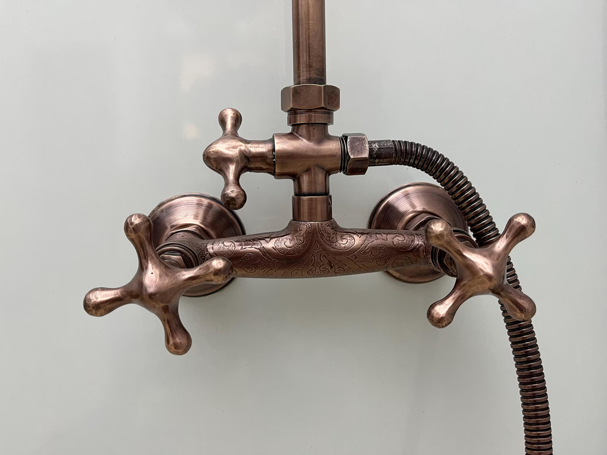 Unlacquered Aged Copper Shower System with Handheld - Dark Copper Exposed Shower