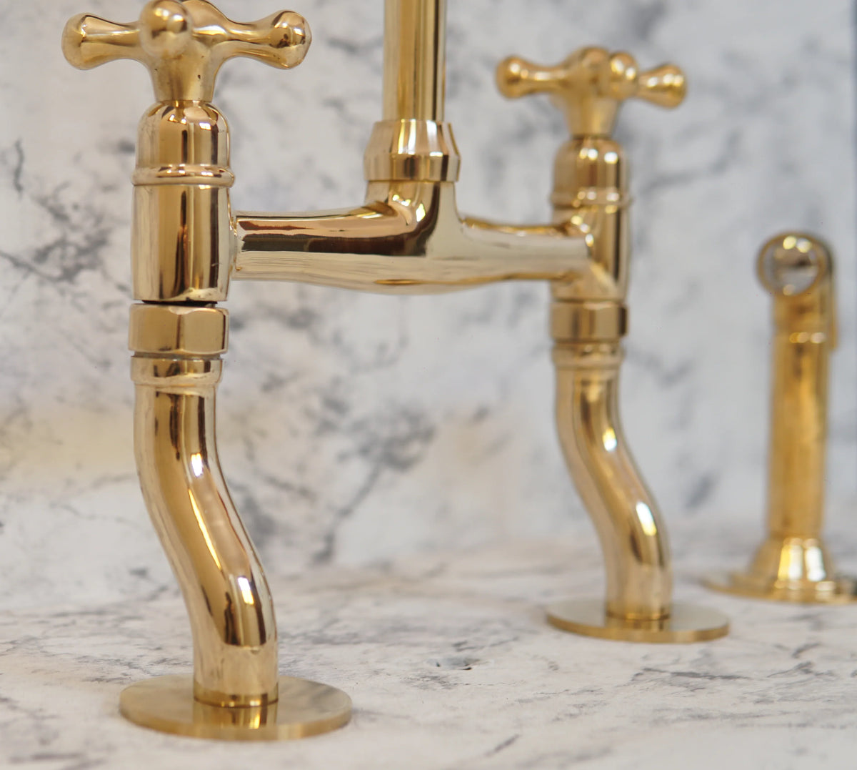 Antique Brass Bridge Kitchen Faucet With Curved Legs - Brass Kitchen Tap