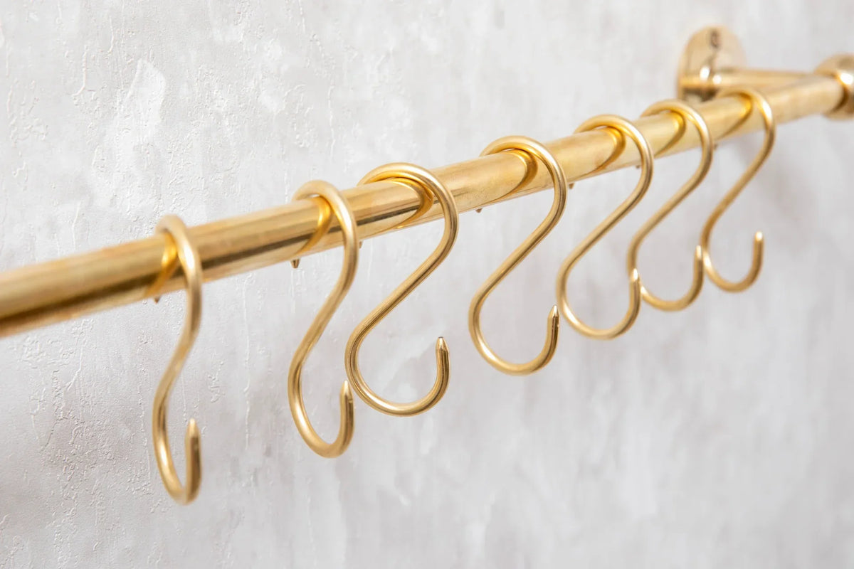 Unlacquered Brass Wall Mount Pot Rail Bar With Hooks, Brass Pot Rack