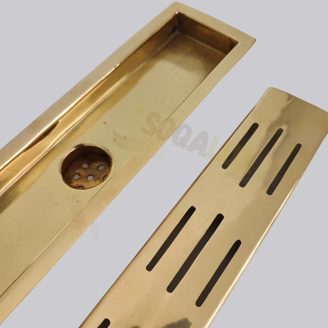 Unlacquered Brass Linear Floor Drain for Modern Bathrooms