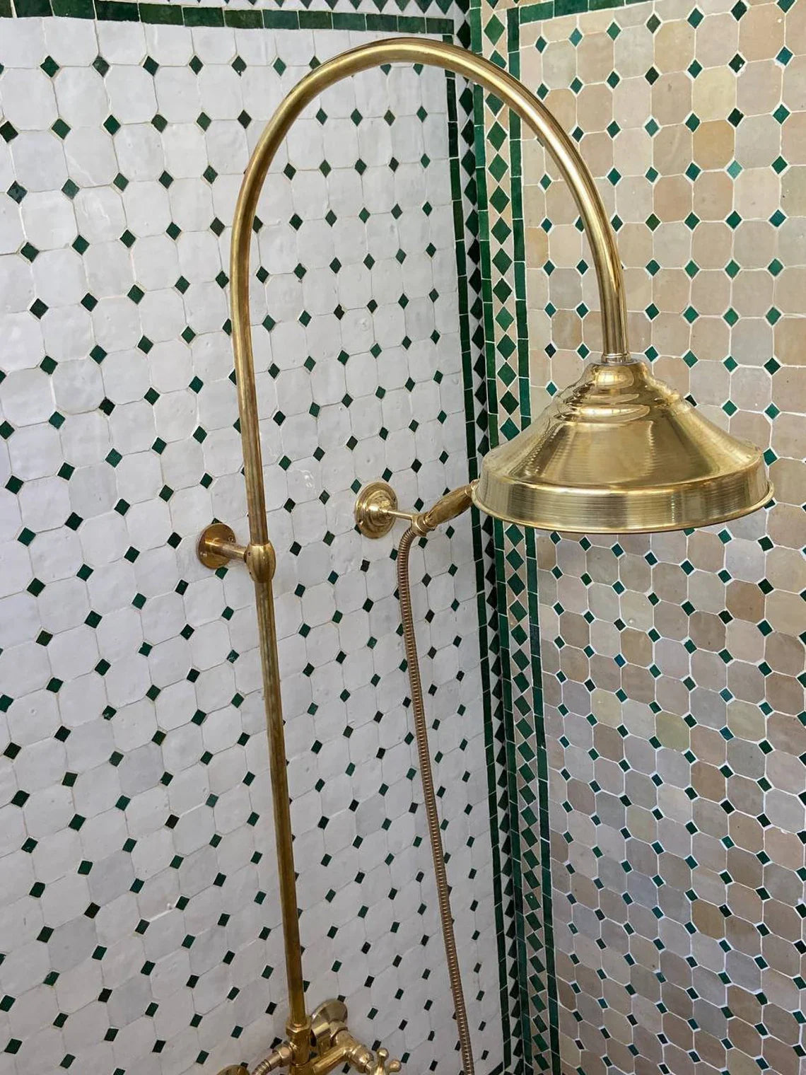 Unlacquered Solid Brass Exposed Shower System with Handheld and Curved Shower Arm