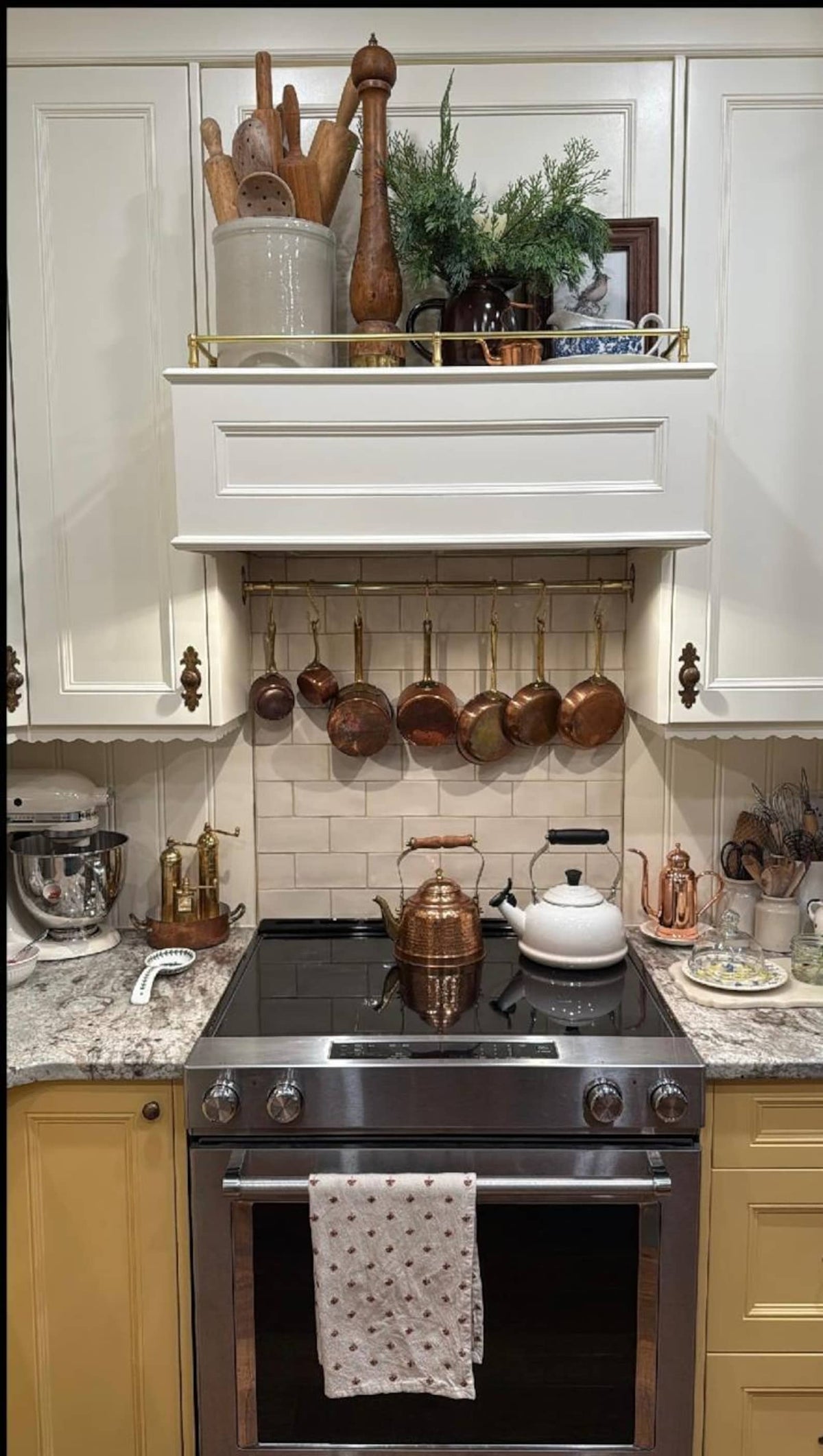 Unlacquered Brass Kitchen Pot Rail with Hooks.