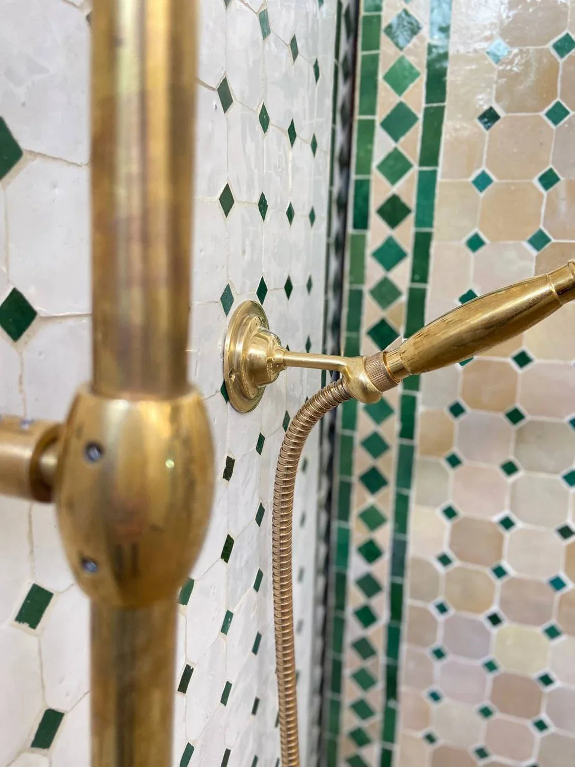 Unlacquered Solid Brass Exposed Shower System with Handheld and Curved Shower Arm