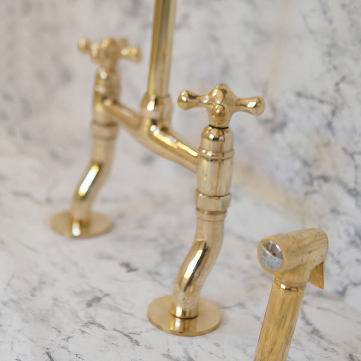 Antique Brass Bridge Kitchen Faucet With Curved Legs - Brass Kitchen Tap