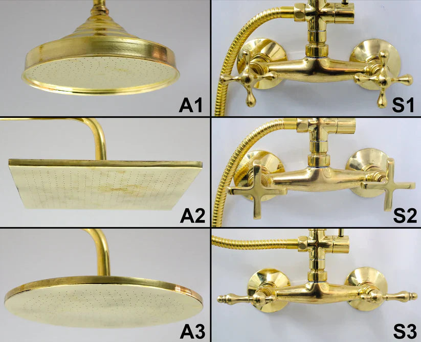 Unlacquered Solid Brass Exposed Shower System with Handheld and Curved Shower Arm