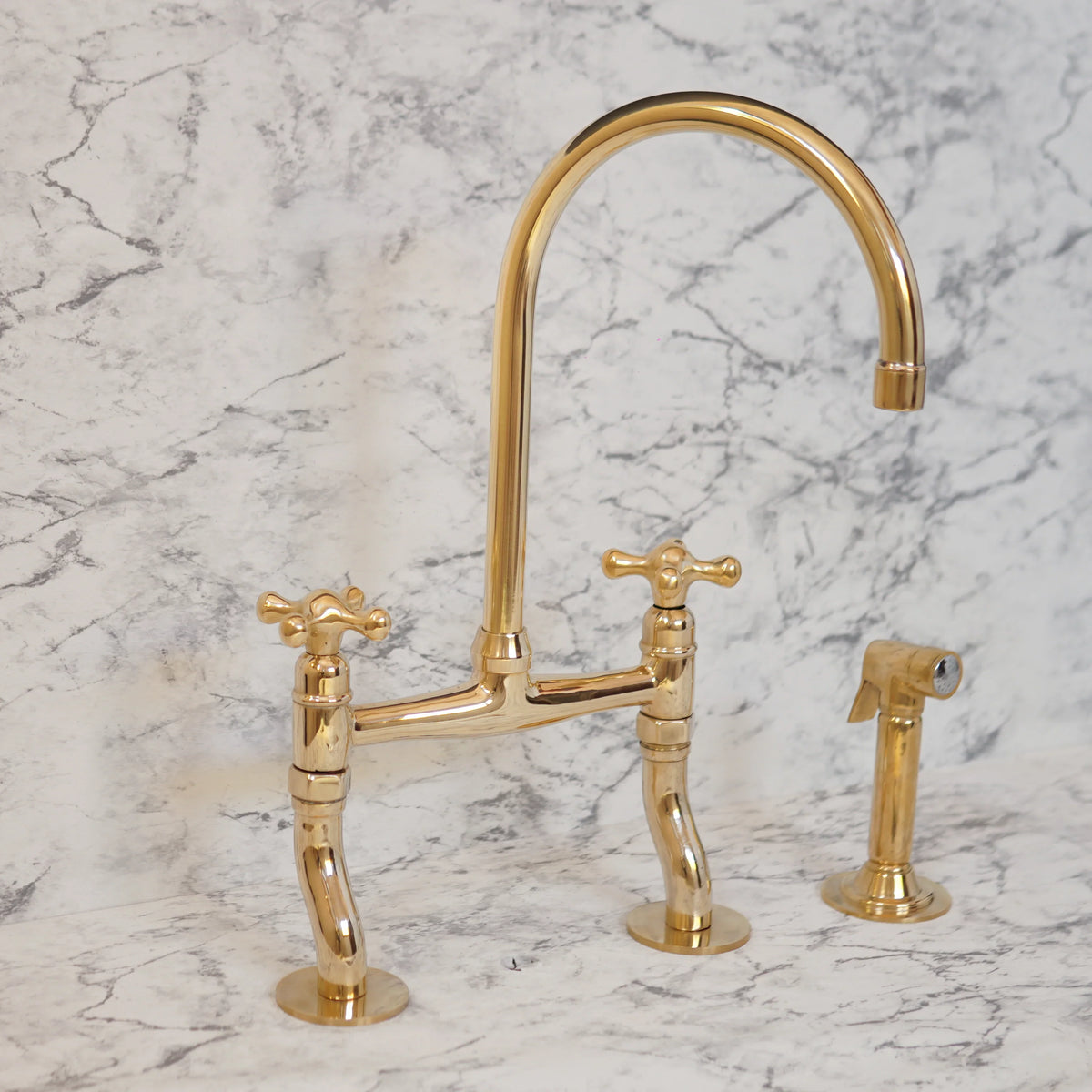 Antique Brass Bridge Kitchen Faucet With Curved Legs - Brass Kitchen Tap