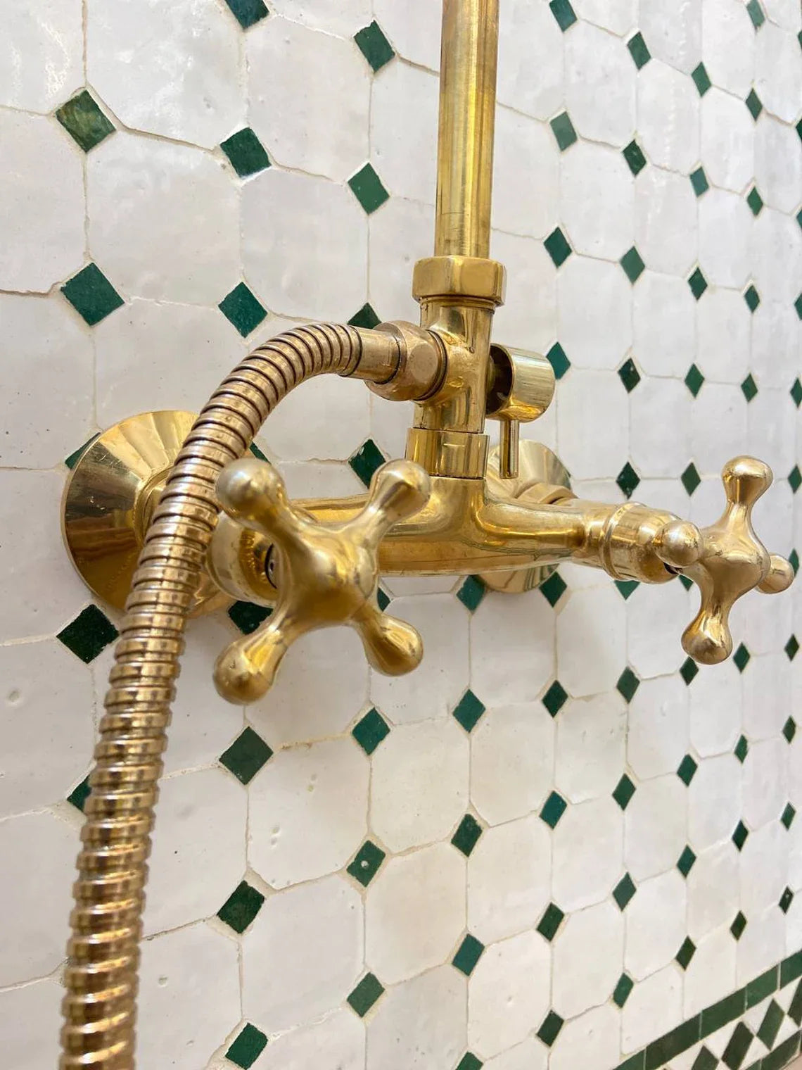 Unlacquered Solid Brass Exposed Shower System with Handheld and Curved Shower Arm