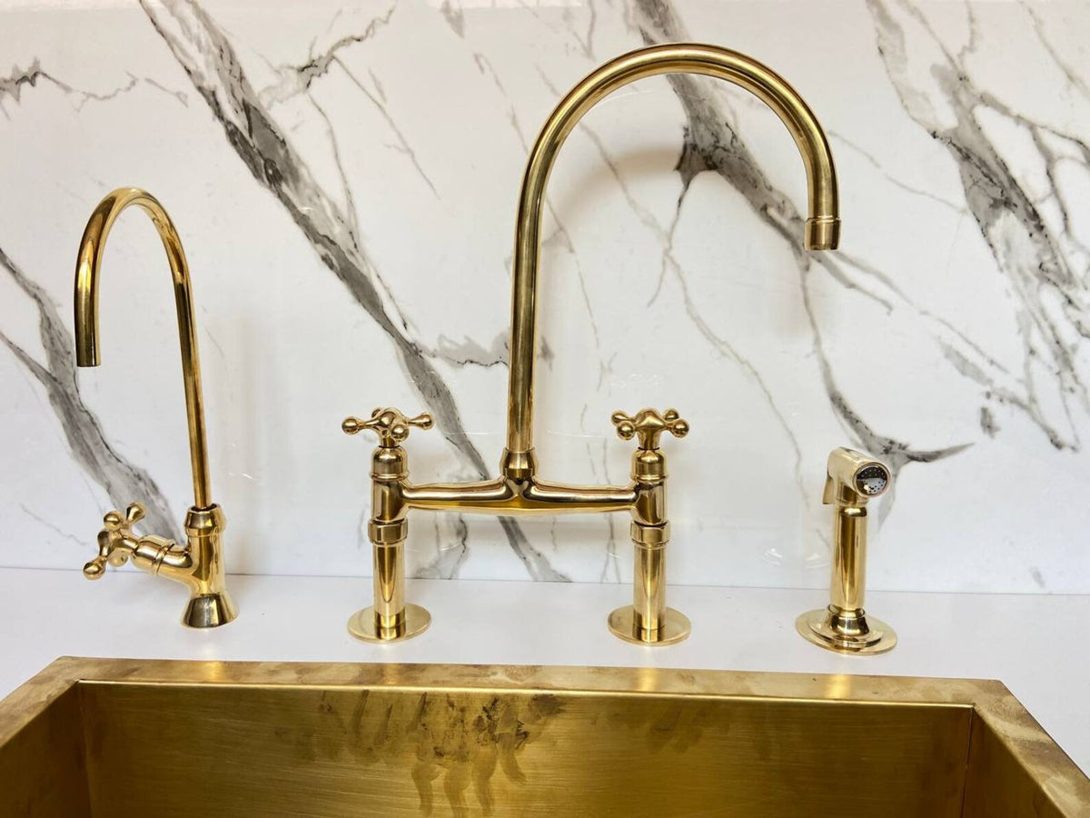 Unlacquered Brass Bridge Kitchen Faucet - Solid Brass Kitchen Tap