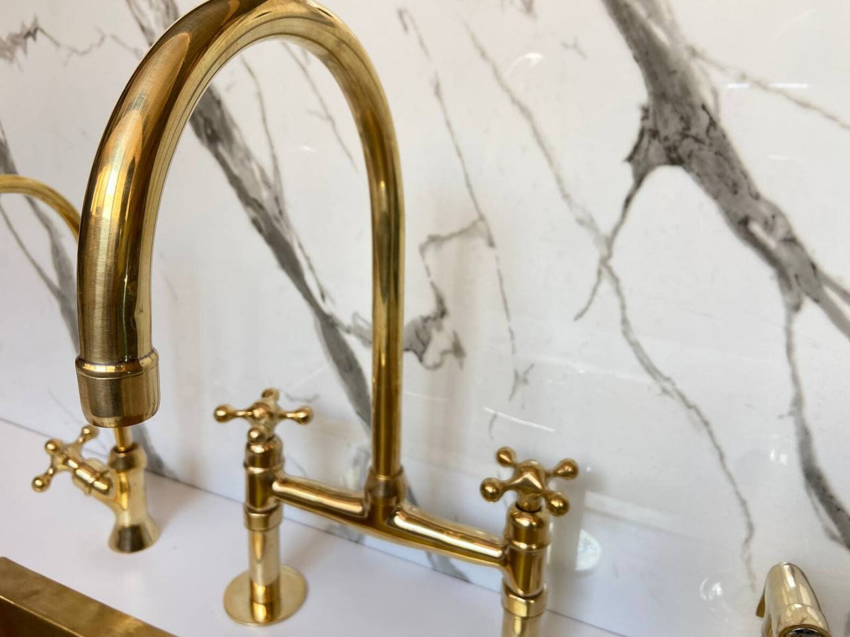 Unlacquered Brass Bridge Kitchen Faucet - Solid Brass Kitchen Tap
