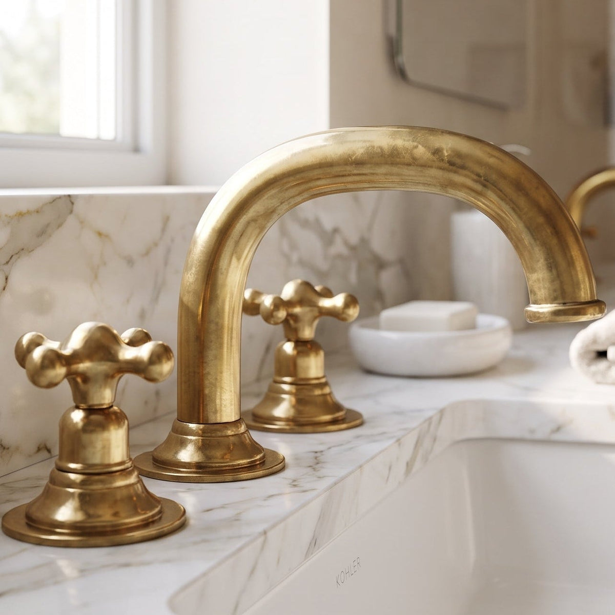 Widespread 3 Holes Solid Unlacquered Brass Faucet, Antique Brass Bathroom Tap