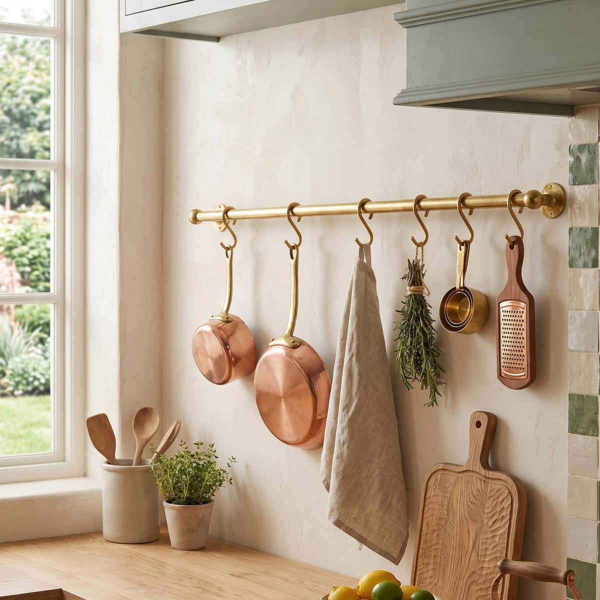 Solid Brass Pot Rail With Hooks, Unlacquered Brass Kitchen Pot Rack, Pot Hangers