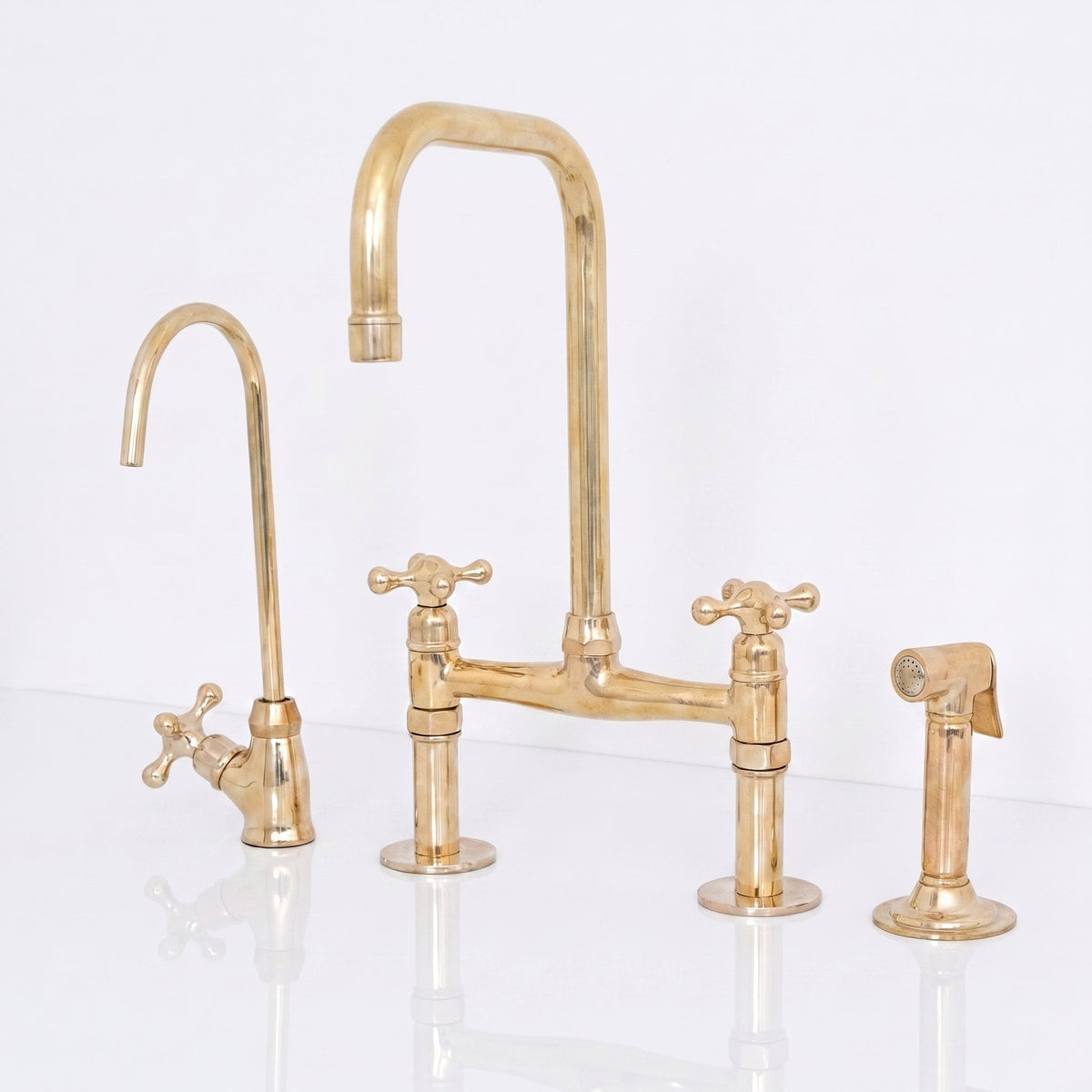 Solid Unlacquered Brass Kitchen Bridge Faucet - Brass Kitchen Tap