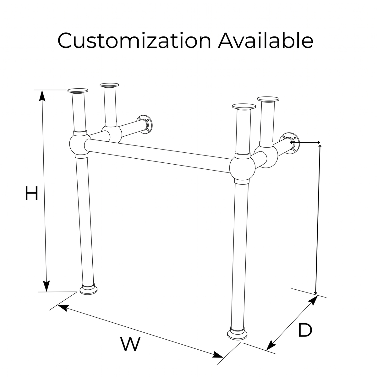 Black and white line drawing of a plumbing fixture base frame with dimension labels H, W, and D and the text 'Customization Available' at the top.