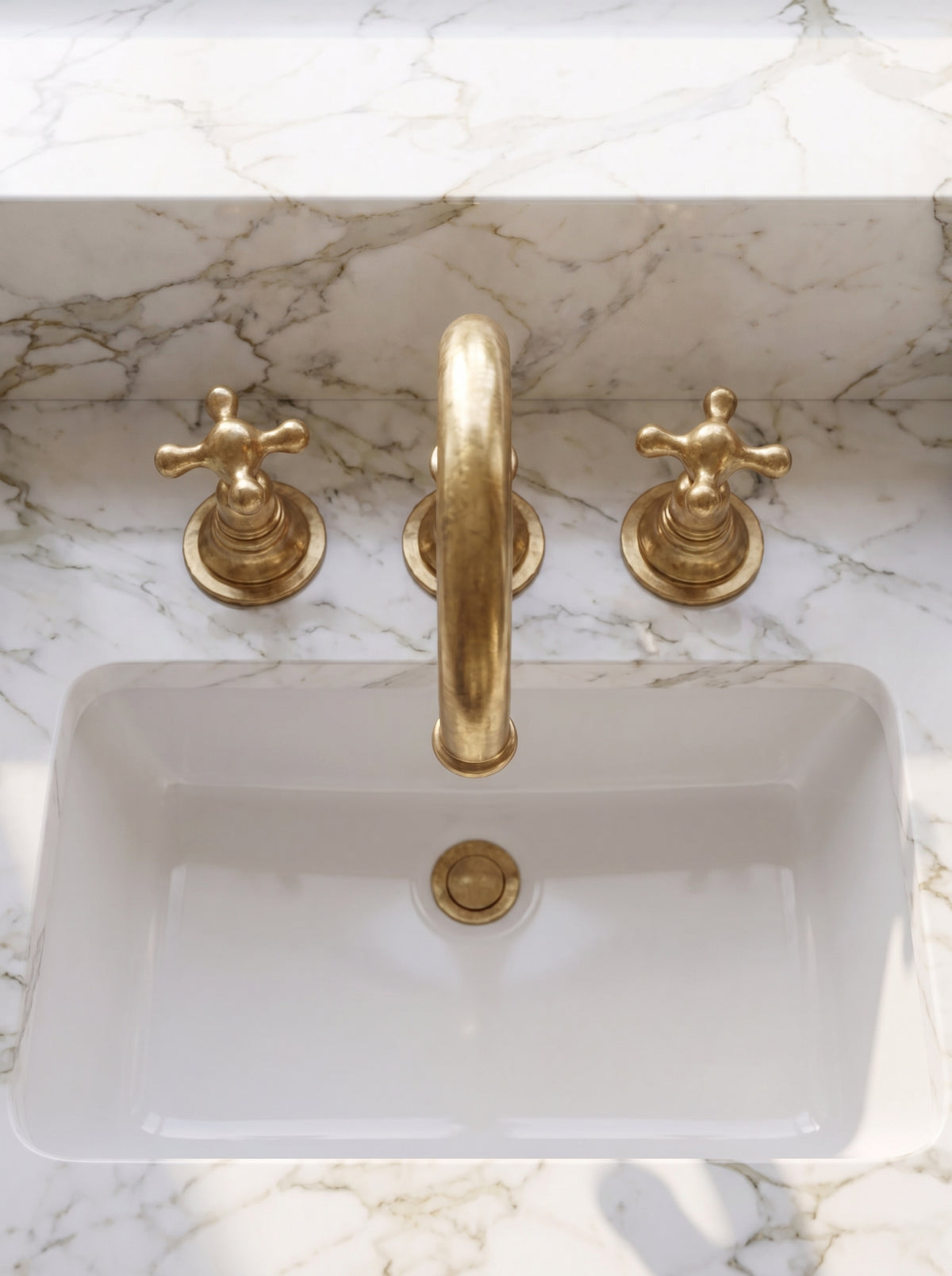 Widespread 3 Holes Solid Unlacquered Brass Faucet, Antique Brass Bathroom Tap