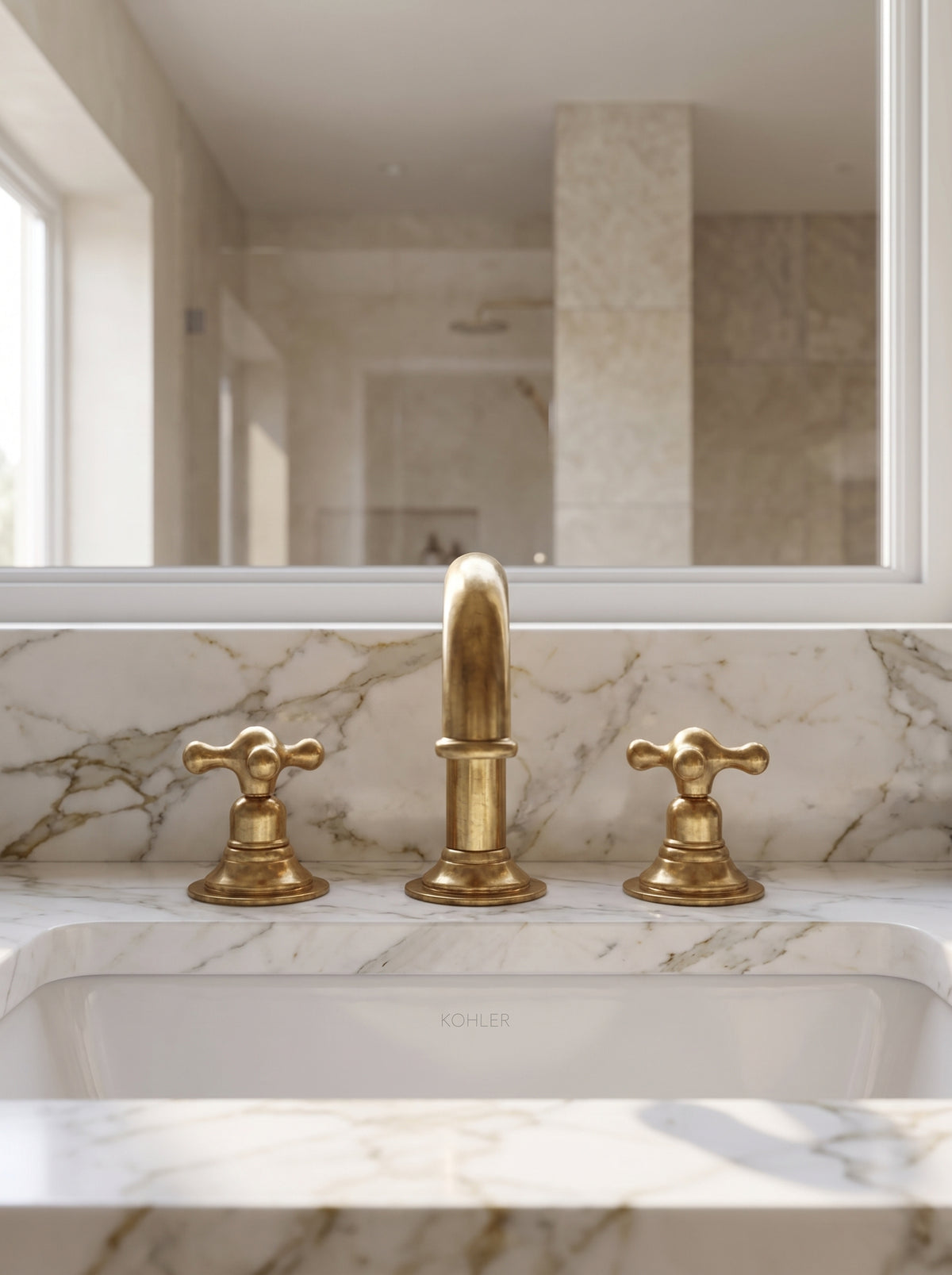 Widespread 3 Holes Solid Unlacquered Brass Faucet, Antique Brass Bathroom Tap