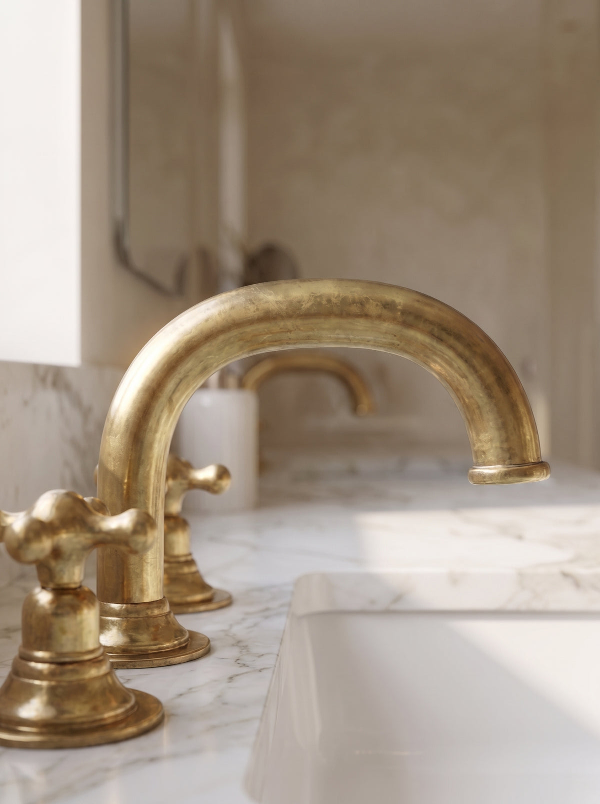 Widespread 3 Holes Solid Unlacquered Brass Faucet, Antique Brass Bathroom Tap