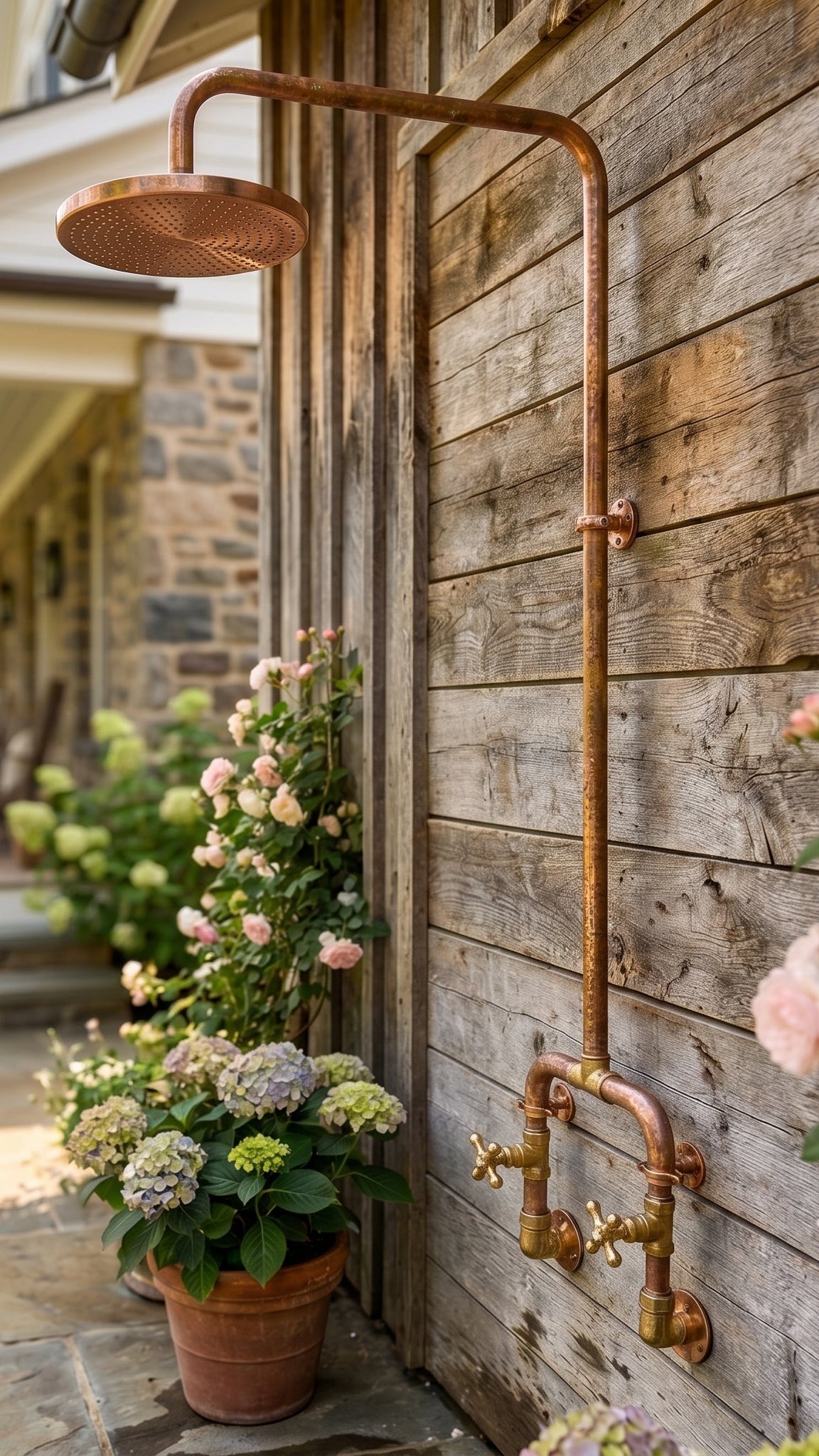 Rustic outdoor wall-mounted copper shower system with a round overhead shower head and brass faucet details, installed against a weathered wood siding wall on a stone porch with potted flowers.