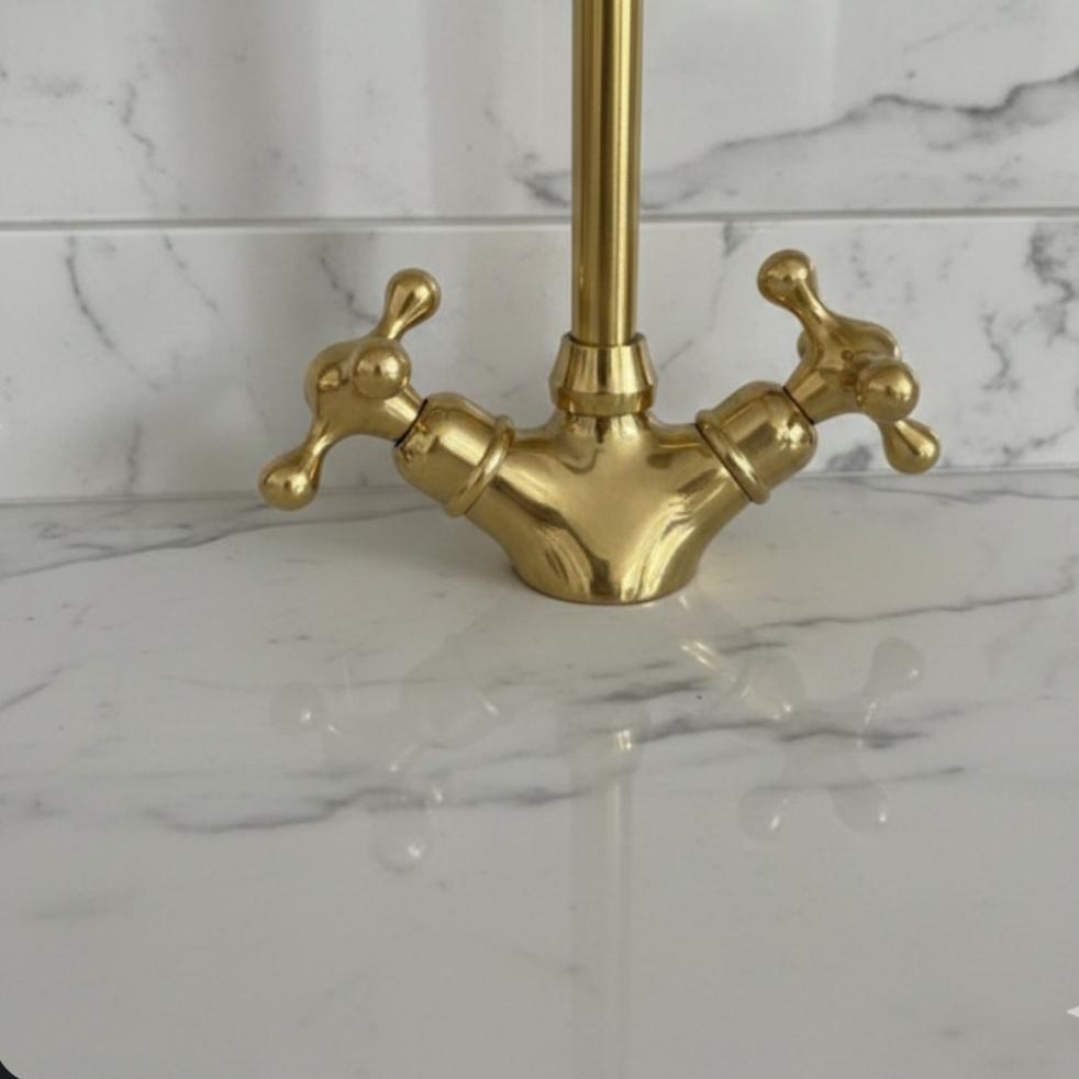 Unlacquered Brass Bathroom Faucet with Cross Handles – Solid Brass Vanity Tap