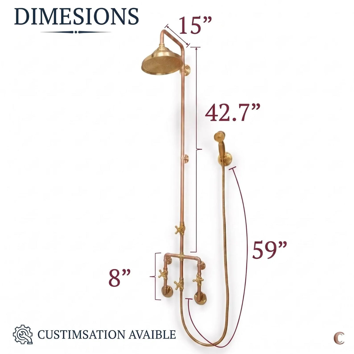 Unlacquered Solid Copper and Solid Brass Outdoor Shower System with Handheld.