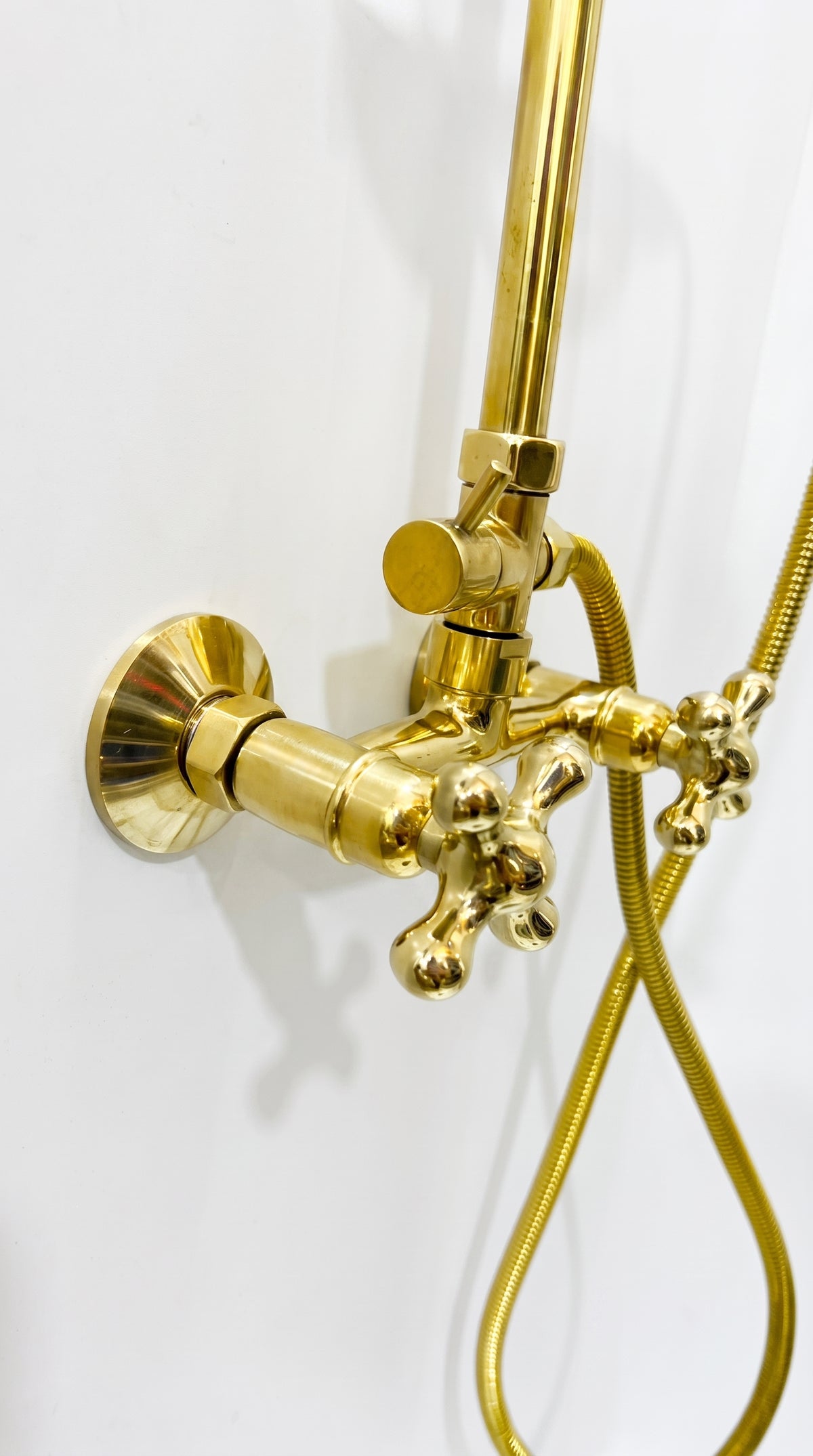 Unlacquered Brass Shower System With Rain Shower Head and Handheld.