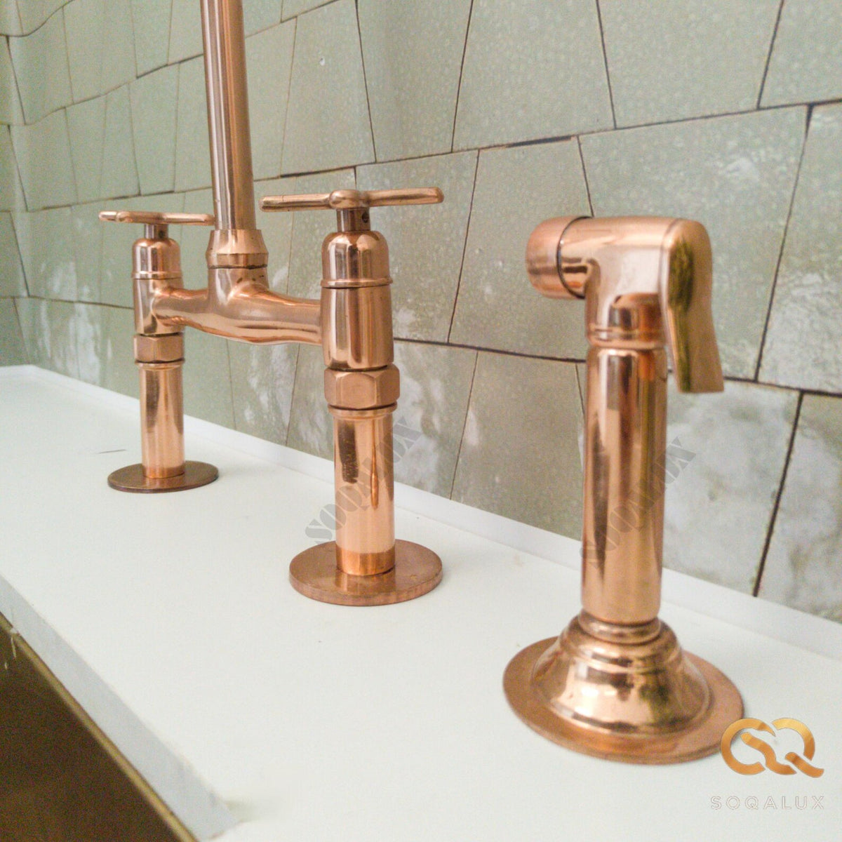 Unlacquered  Shinny Copper Bridge Faucet For Kitchen.