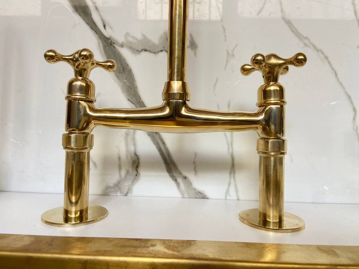 Unlacquered Solid Brass Bridge faucet for kitchen with Sprayer & Cold Tap.