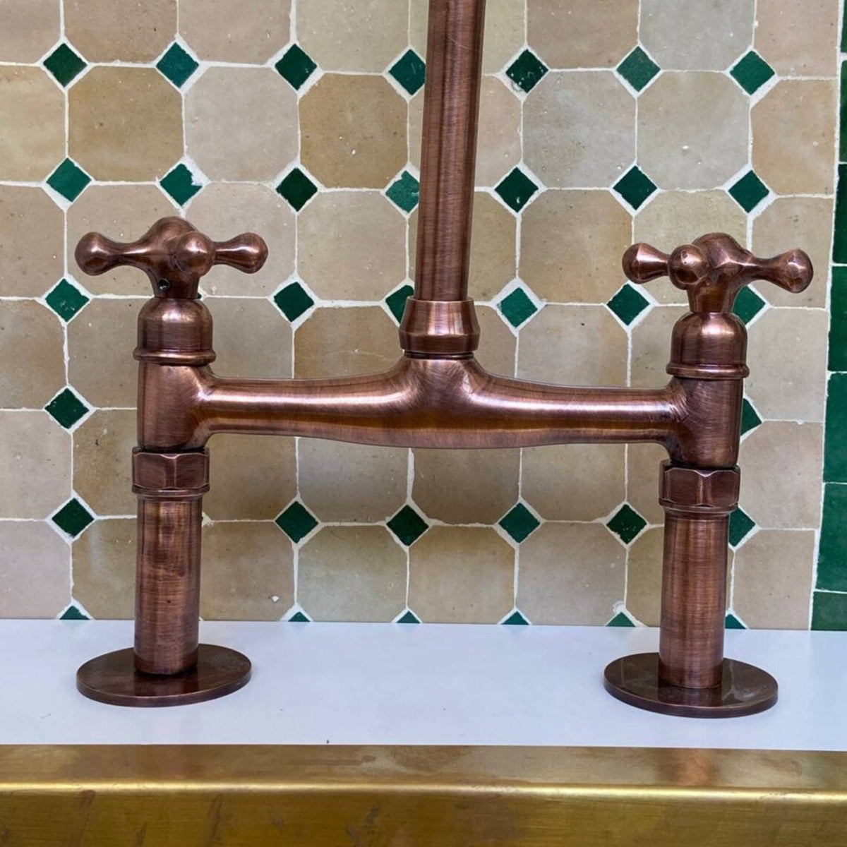 Unlacquered Copper Kitchen Bridge Faucet, 8-Inch Kitchen Sink Tap.