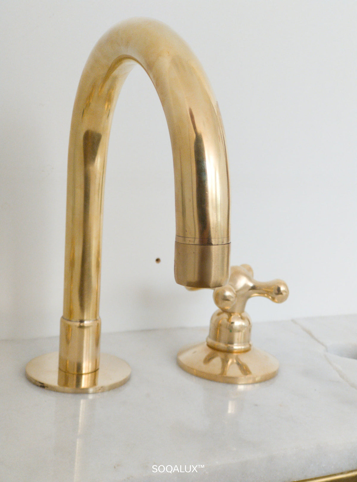Unlacquered Brass Bathroom Faucet: 3-Hole Deck Mount Vanity Tap.