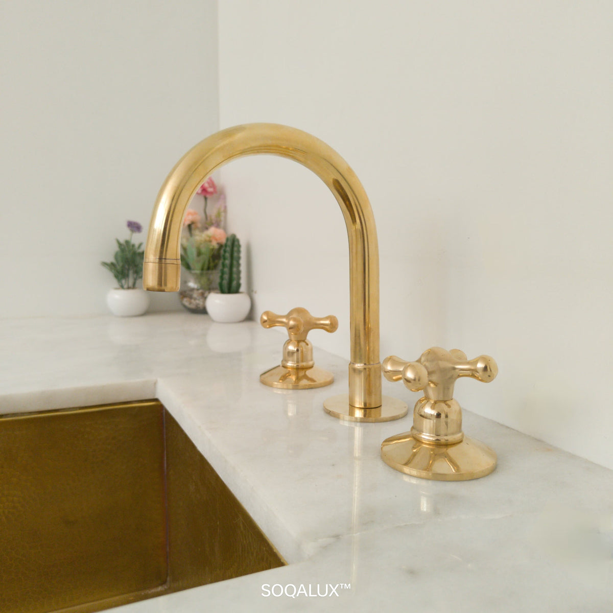 Unlacquered Brass Bathroom Faucet: 3-Hole Deck Mount Vanity Tap.