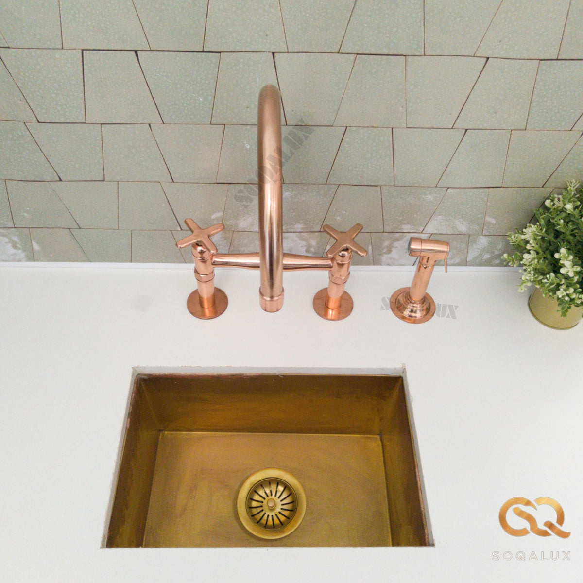 Unlacquered  Shinny Copper Bridge Faucet For Kitchen.