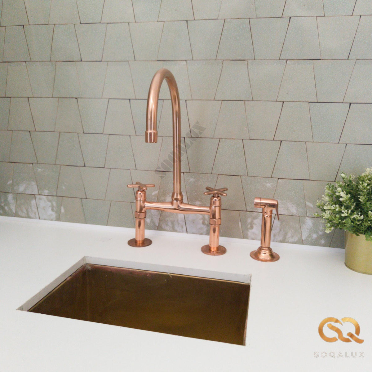 Unlacquered  Shinny Copper Bridge Faucet For Kitchen.