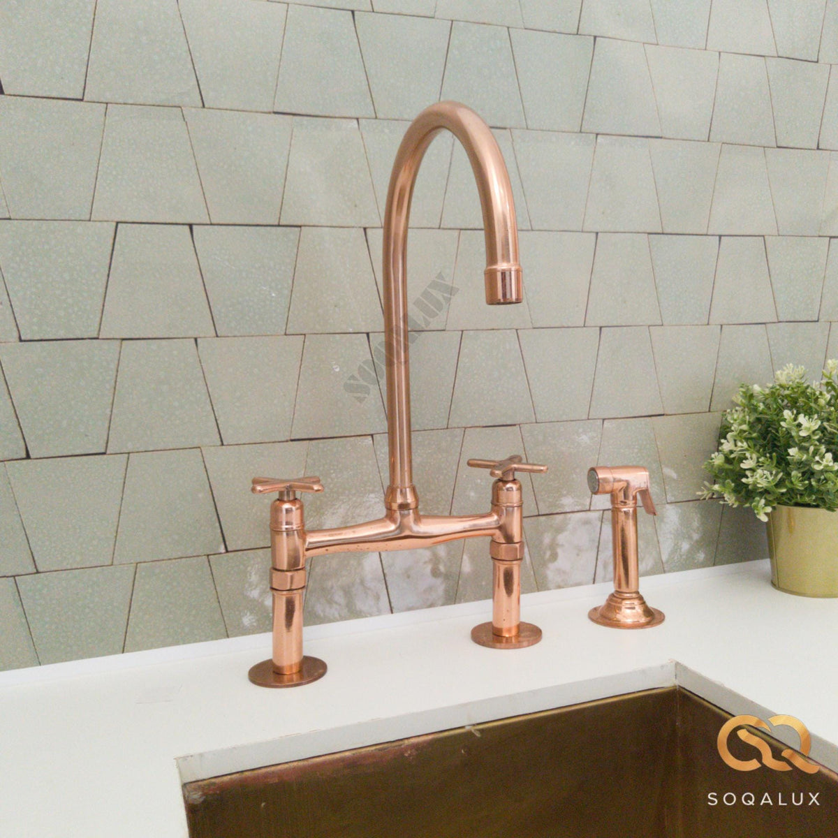 Unlacquered  Shinny Copper Bridge Faucet For Kitchen.