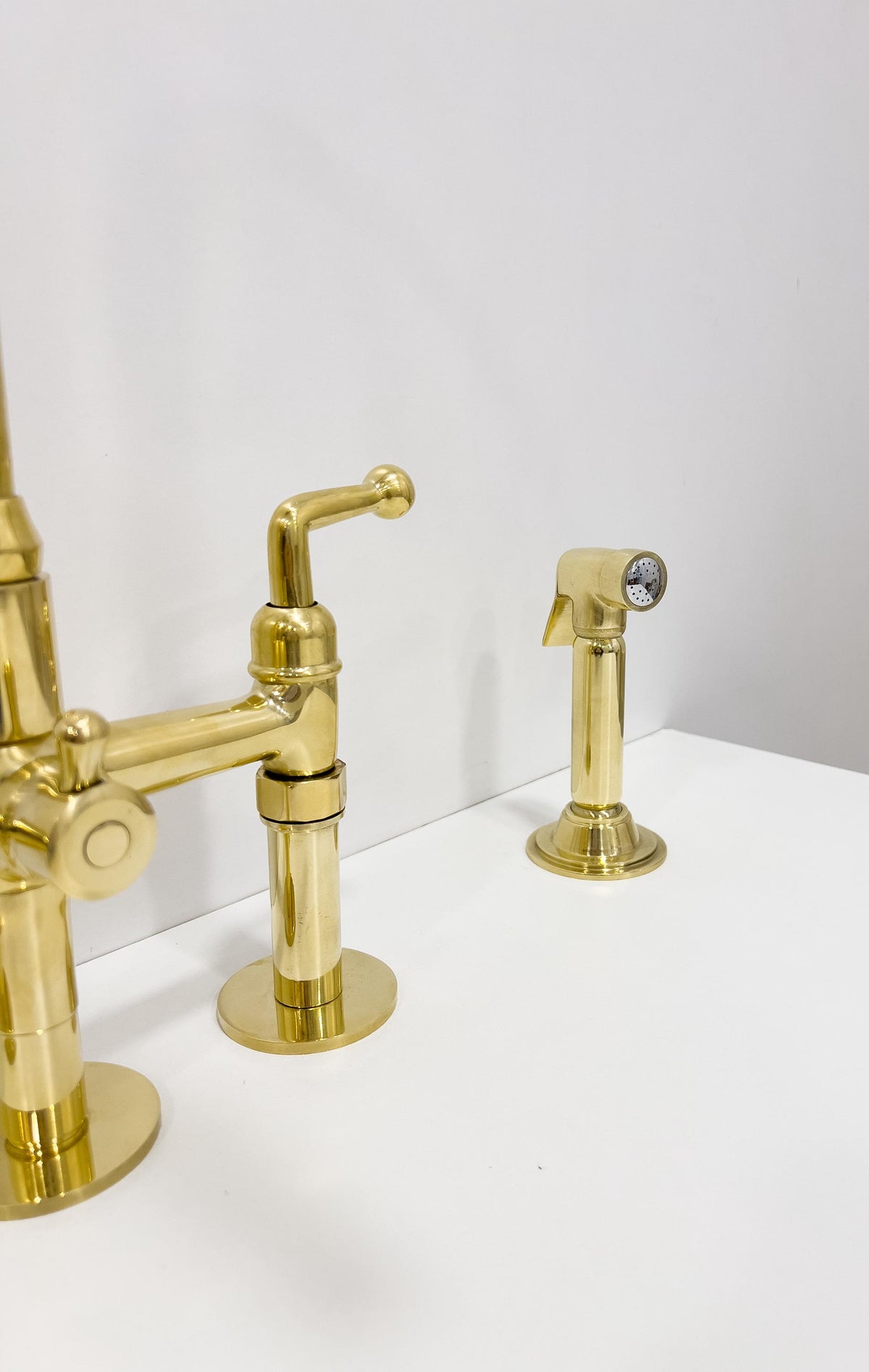 Unlacquered Solid Brass Kitchen Faucet, 3-Hole Sink Tap with Side Sprayer.