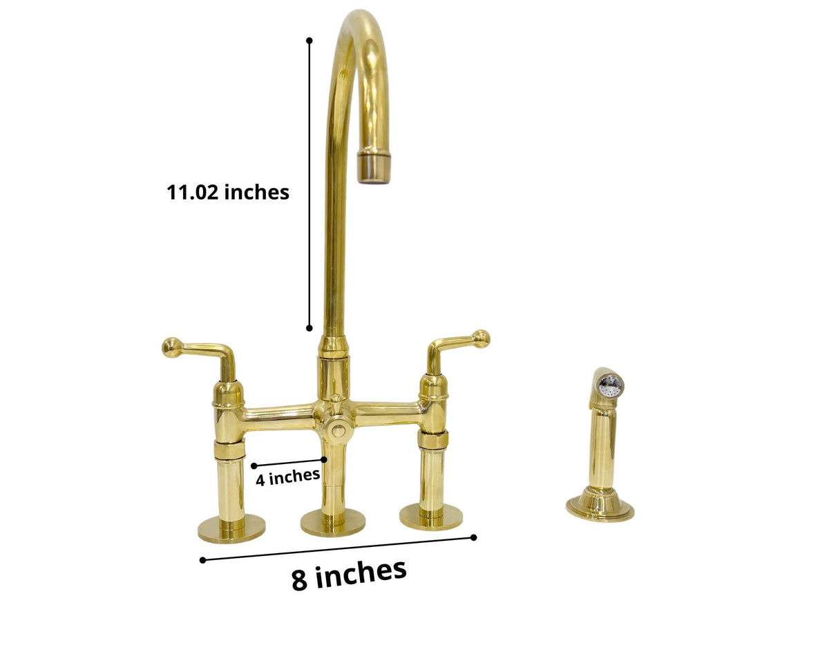 Unlacquered Solid Brass Kitchen Faucet, 3-Hole Sink Tap with Side Sprayer.