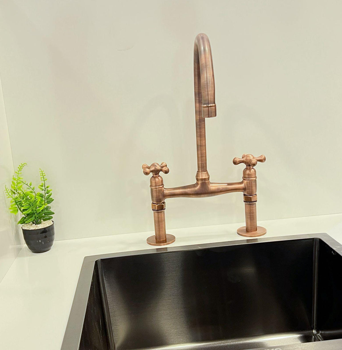 Antique Copper Kitchen Bridge Faucet, 6"-Inch Kitchen Sink Tap.
