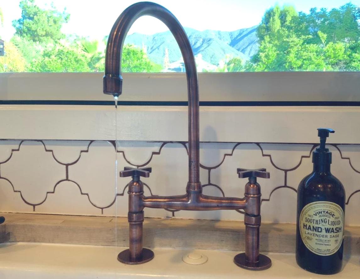 Antique Copper Kitchen Bridge Faucet, 6"-Inch Kitchen Sink Tap.