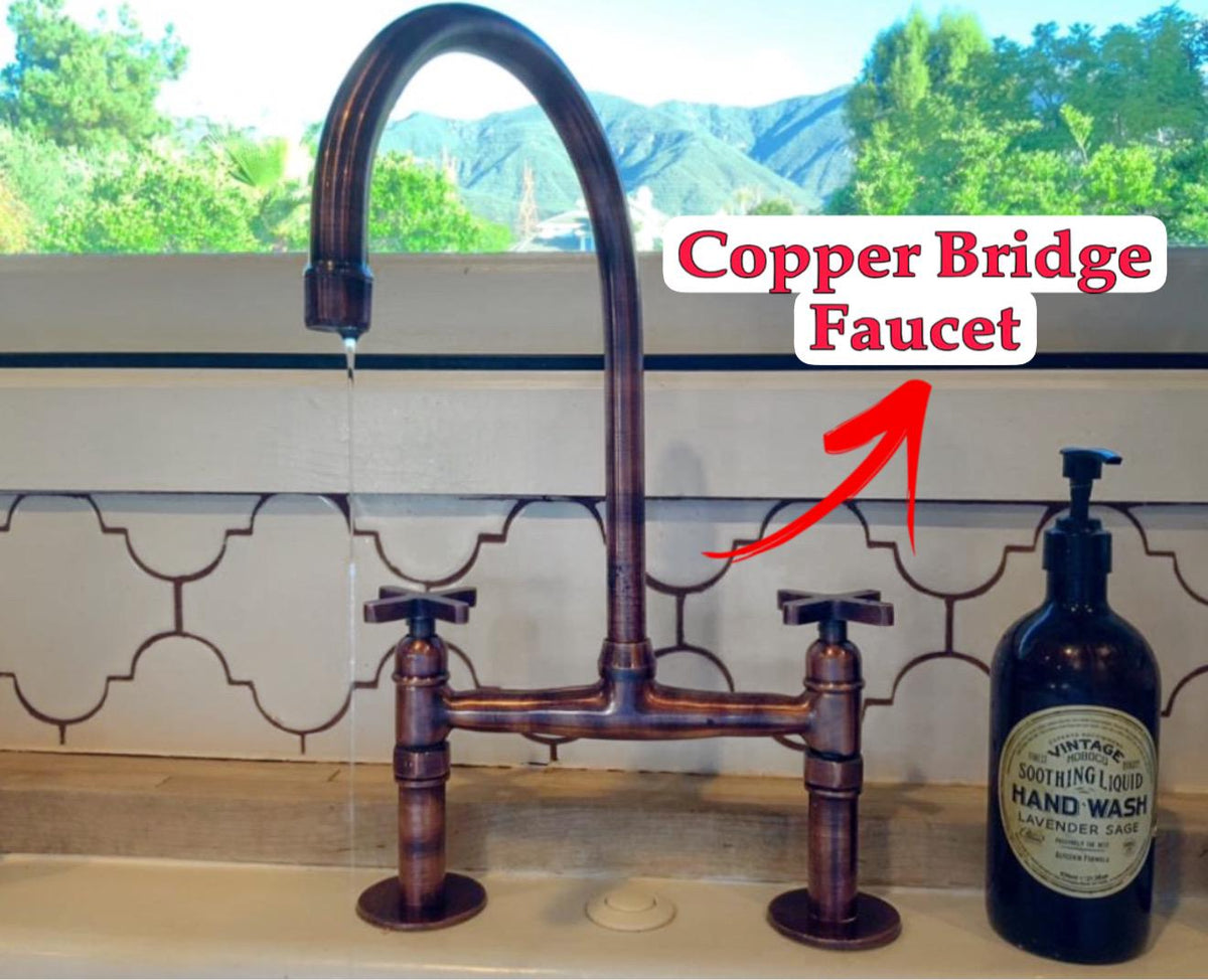 Antique Copper Kitchen Bridge Faucet, 6"-Inch Kitchen Sink Tap.