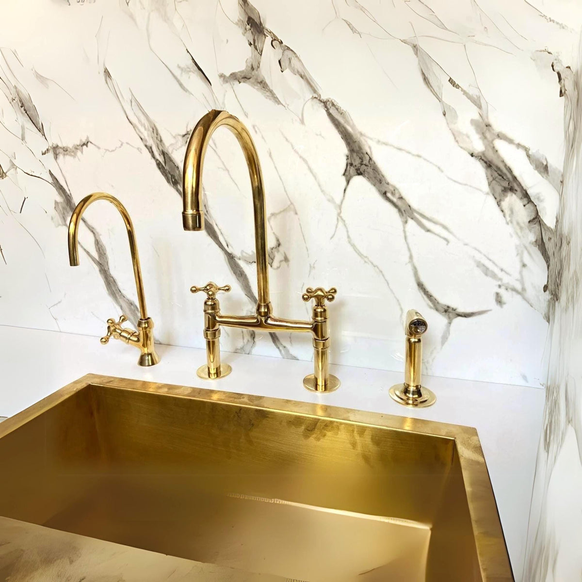 Unlacquered Solid Brass Bridge faucet for kitchen with Sprayer & Cold Tap.