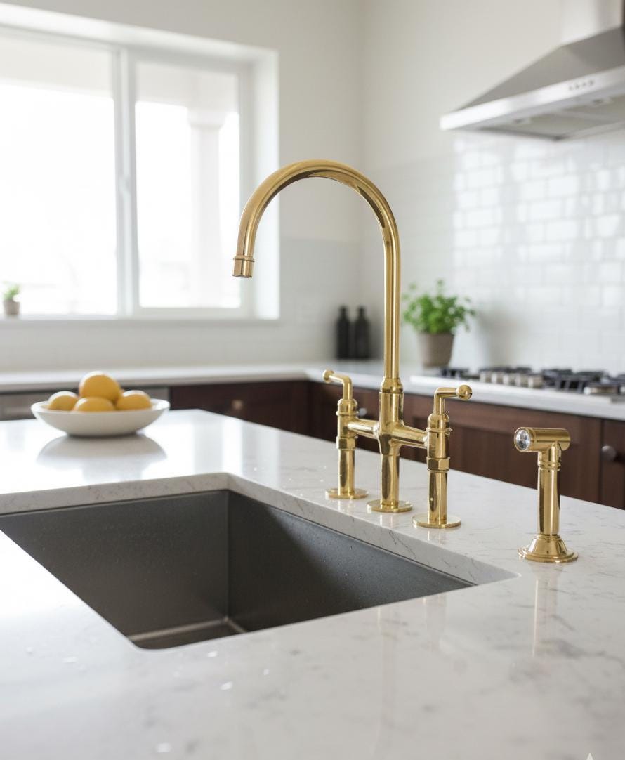 Unlacquered Solid Brass Kitchen Faucet, 3-Hole Sink Tap with Side Sprayer.