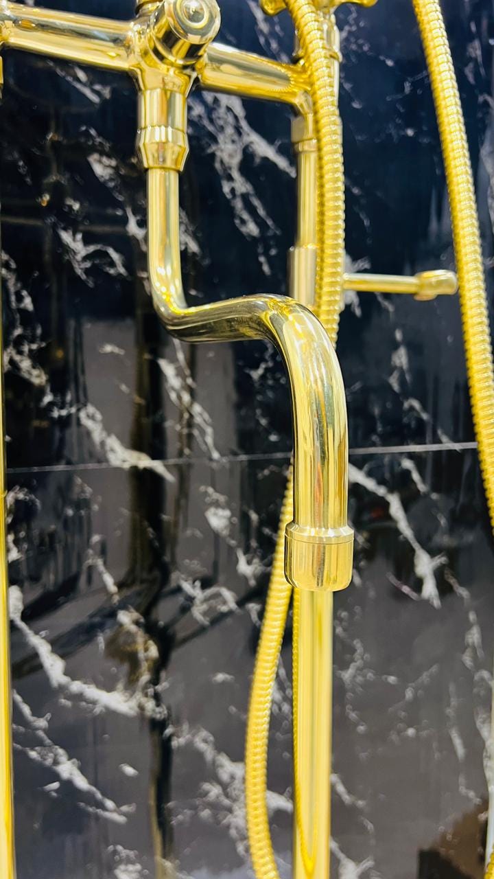 Unlacquered Solid Brass Freestanding Tub Filler With Handheld, Floor Mount Bathtub Faucet.