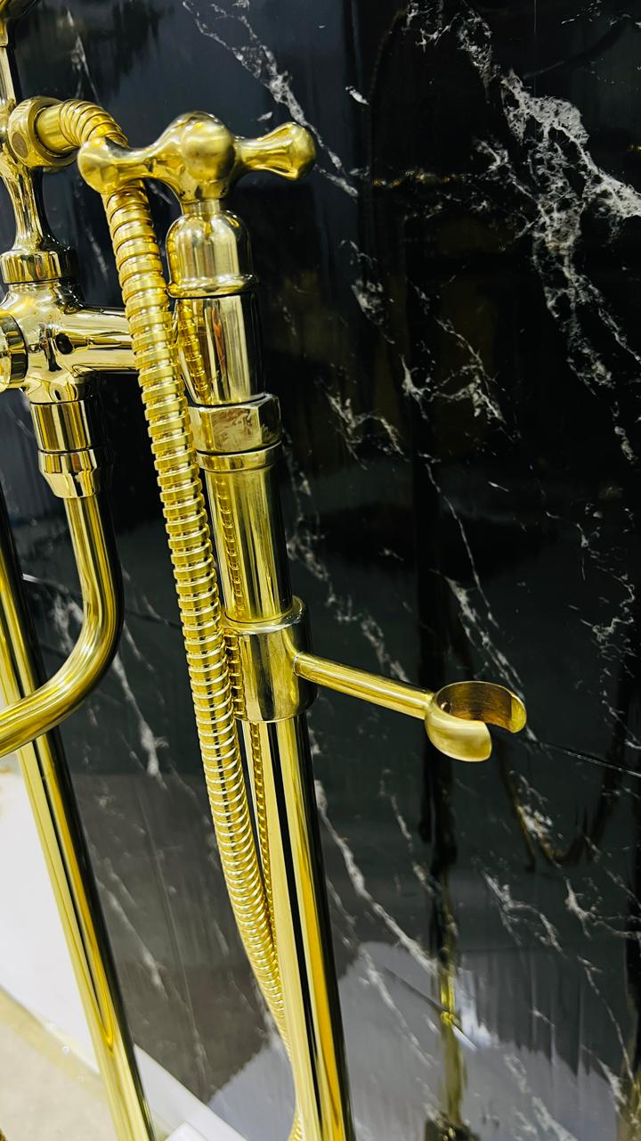 Unlacquered Solid Brass Freestanding Tub Filler With Handheld, Floor Mount Bathtub Faucet.