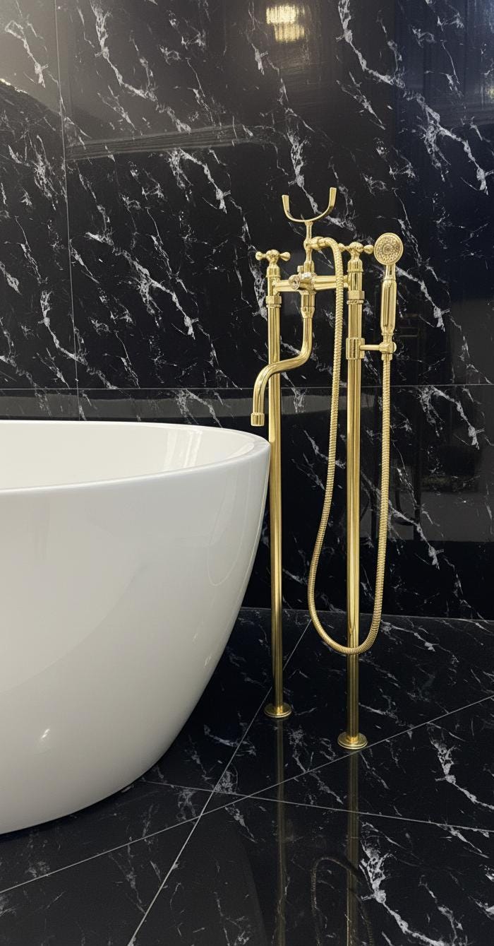 Unlacquered Solid Brass Freestanding Tub Filler With Handheld, Floor Mount Bathtub Faucet.