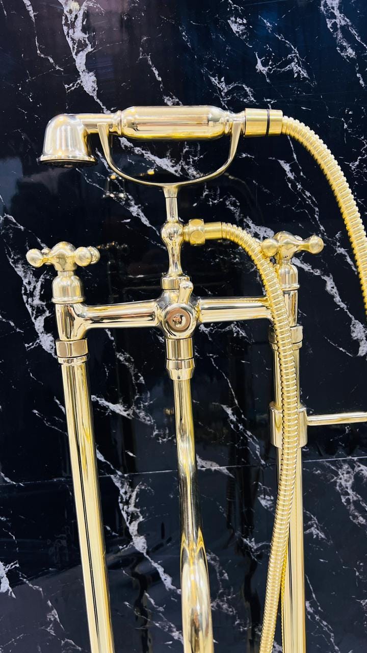 Unlacquered Solid Brass Freestanding Tub Filler With Handheld, Floor Mount Bathtub Faucet.
